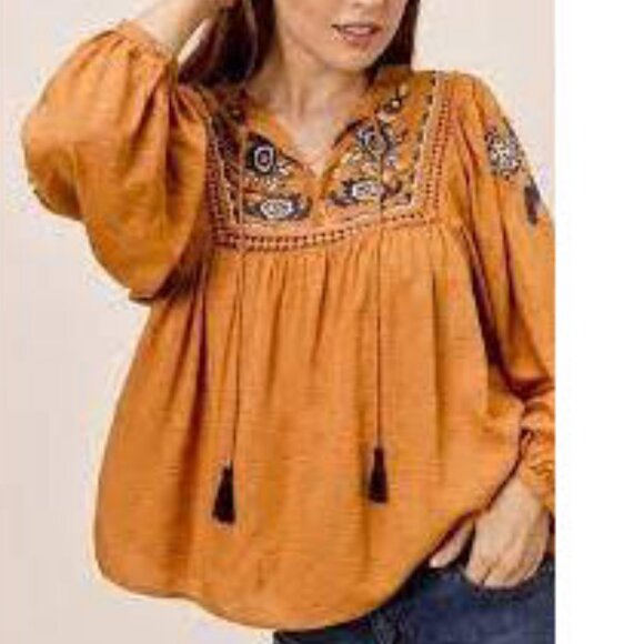 dressbarn Tops - Dressbarn Yellow Boho Embroidered Tassel Peasant Blouse Size Medium